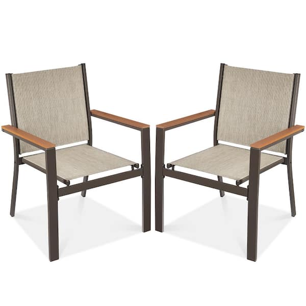 Set of 2 Brown Textilene Chairs with Brown Armrests, Steel Conversation Accent Furniture for Patio