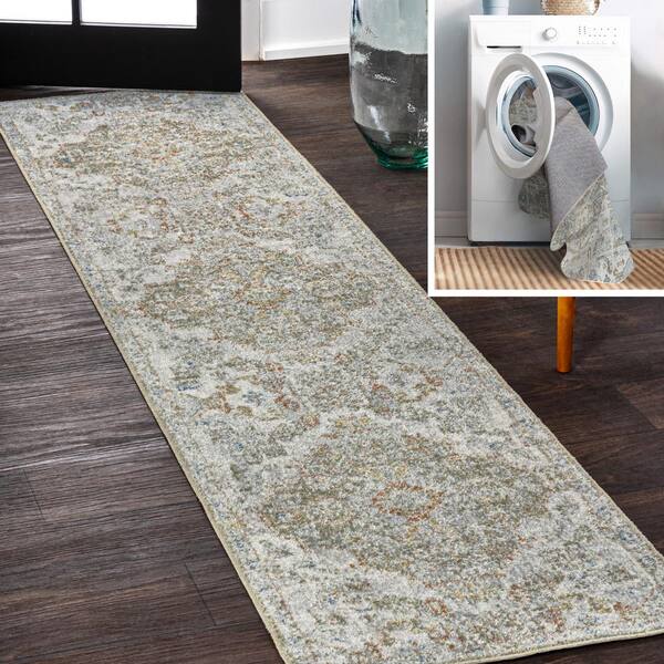 JONATHAN Y Cream/Brown/Green 2 ft. x 8 ft. Shaemus Bohemian Medallion Low-Pile Machine-Washable Runner Rug
