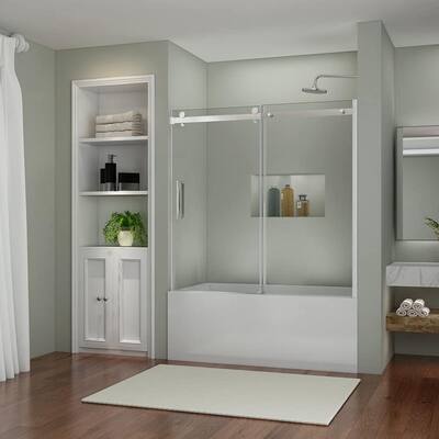 60 in. W x 72 in. H Slide Semi Frameless Hinged Tub Door Shower Room, Clear Glass, Chrome
