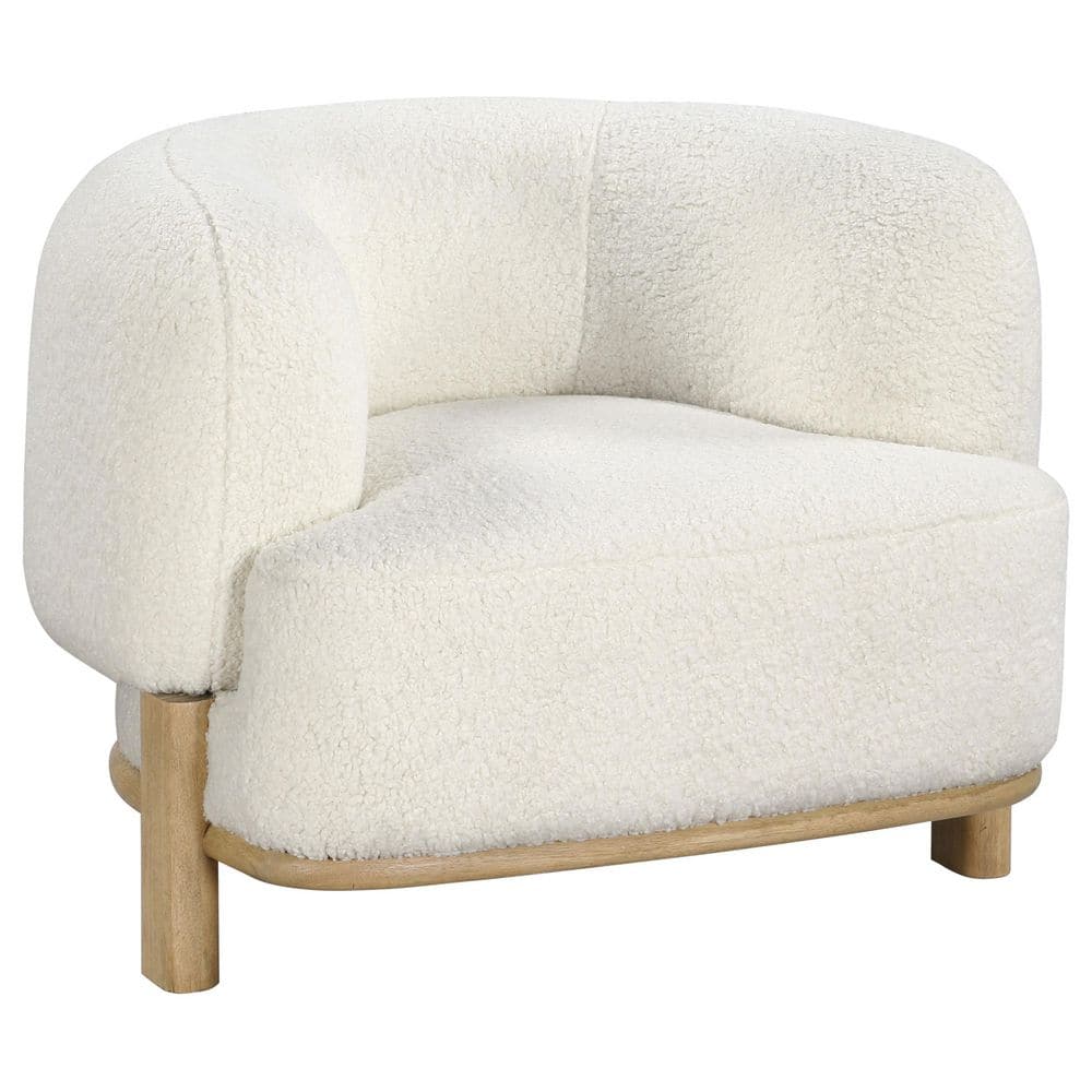 Ivory Boucle Upholstered Barrel Accent Chair with Wooden Legs