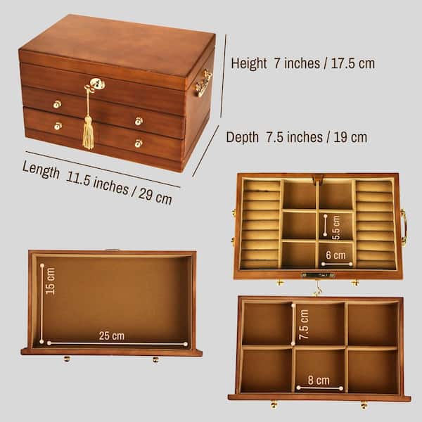 Wooden Jewelry Box with Lock and Key, 2-Drawers, Antique Organizer