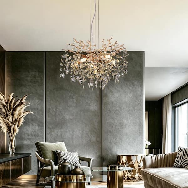 Gloweer 23.6 in. 6-Light French Gold Crystal Chandelier, Modern