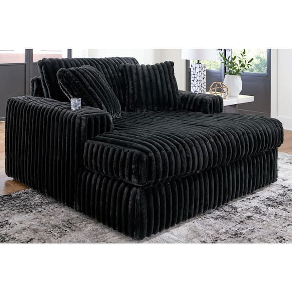 Midnight-Madness Black Polyester Removeable Cushions 2-Arm Chaise Lounge with Cup Holders and USB Ports