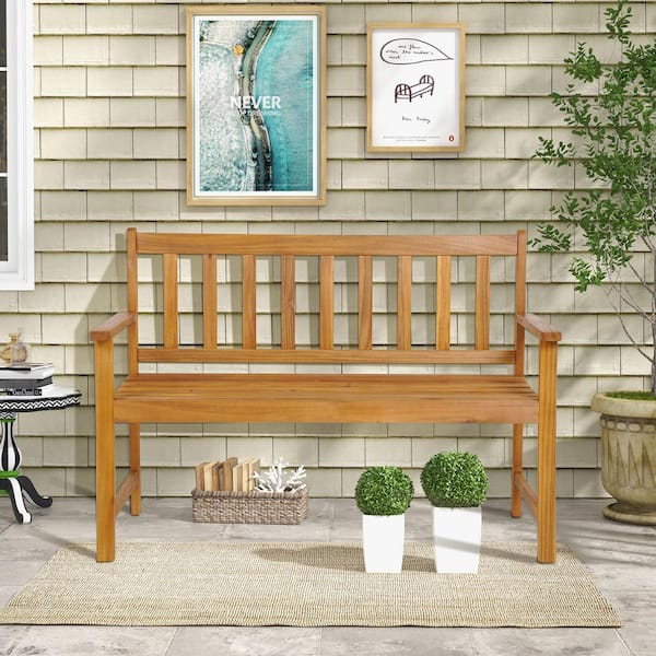 FORCLOVER 2-Person Acacia Wood Outdoor Bench with Backrest and Armrests