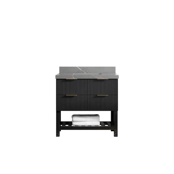 Catalina 36 in. W x 22 in. D x 36 in. H Single Sink Bath Vanity Center in Black with 2" Piatra Quartz Top
