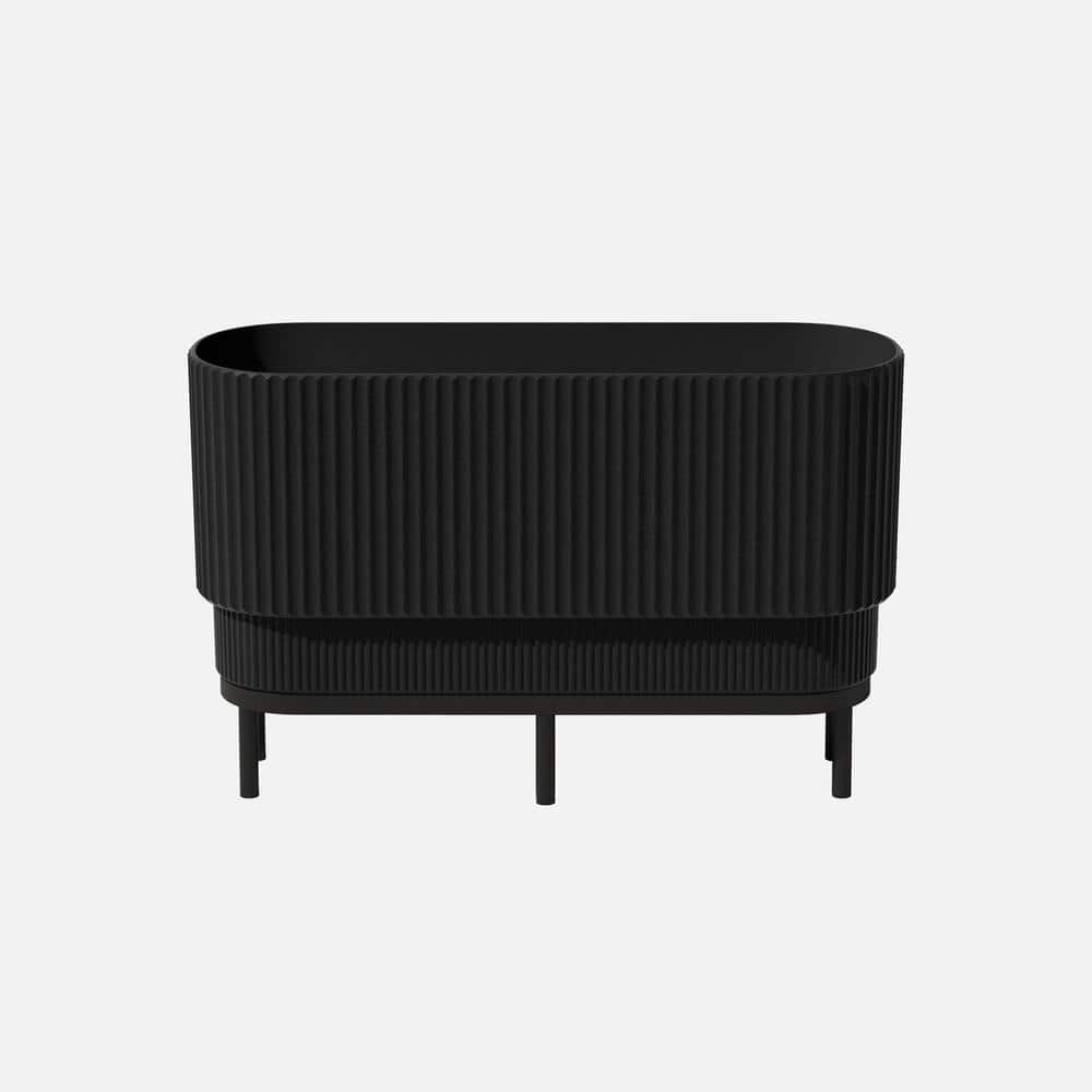 30" Black Plastic-Stone Raised Planter with Acacia Wood Stand