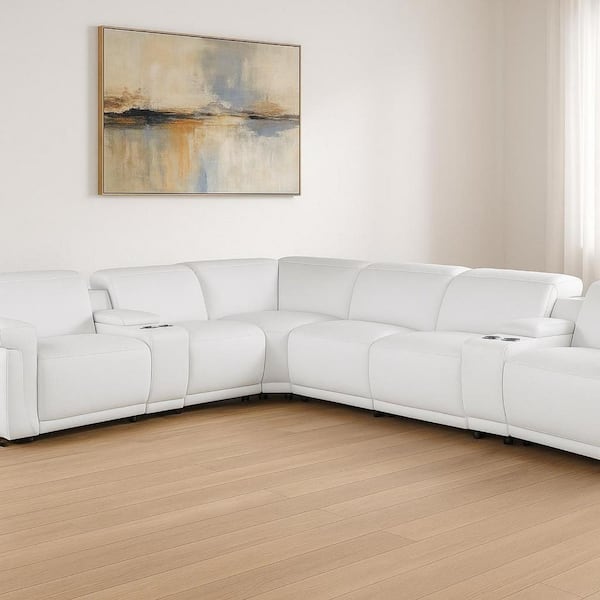 151.00 in. Flared Arm 8 piece Leather L-Shaped Sectional Sofa in White