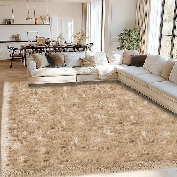 iliebe Sheepskin Faux Fur Beige 6 ft. 6 in. x 10 ft. Cozy Fuzzy