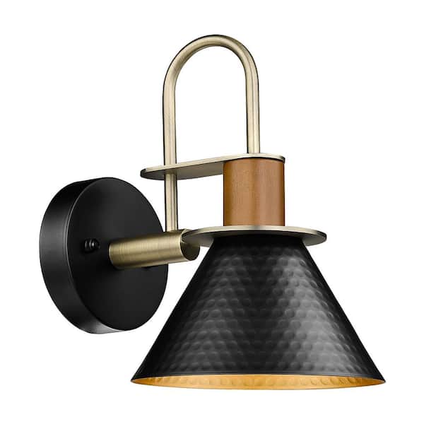JAZAVA 6.7 in. 1-Light Antique Black Modern Gooseneck Wall Sconces Indoor Wall Lights with Hammered Metal Shade