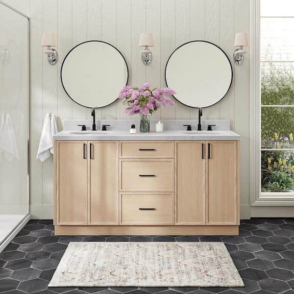 ARIEL Kelly 66 in. Double Sink Freestanding Bathroom Vanity in White Oak with Carrara White Quartz Top