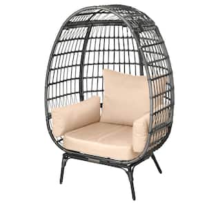 Outdoor Gray Wicker Egg Lounge Chair with Removable Soft Beige Cushion