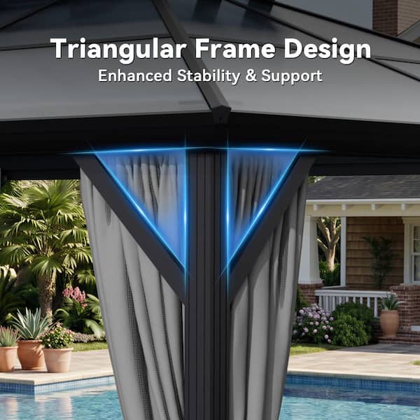 13 ft. x 10 ft. Polycarbonate Double Roof Hardtop Aluminum Gazebo with Curtains, Mosquito Netting and Ceiling Hook