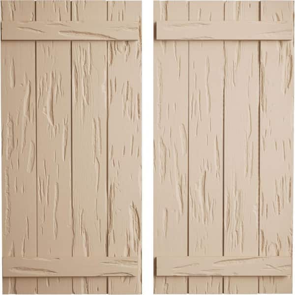 Ekena Millwork 22 in. x 26 in. Timberthane Polyurethane 4-Board Joined Board-n-Batten Pecky Cypress Faux Wood Shutters Pair