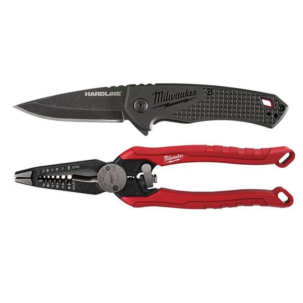 Milwaukee Hardline 2 .5 in. Pocket D 2 Steel Smooth Blade Folding Knife with 7-in-1 Combination Wire Stripper Pliers (2 -Piece)