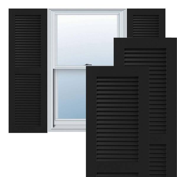 Black Louvered Vinyl Exterior Shutter With Hardware 15X60 in 2-Piece Wood-grain 