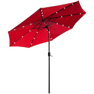 9 ft. Steel Market Crank and Tilt Solar LED Lighted Patio Umbrella in Red
