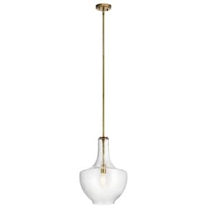 Everly 19.75 in. 1-Light Natural Brass Transitional Shaded Kitchen Bell Pendant Hanging Light with Clear Glass