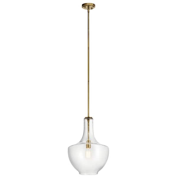 KICHLER Everly 19.75 in. 1-Light Natural Brass Transitional Shaded Kitchen Bell Pendant Hanging Light with Clear Glass