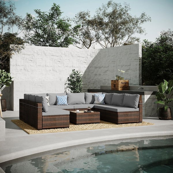 9-Piece Wicker Patio Conversation Sectional Seating Set with Light Gray Cushions
