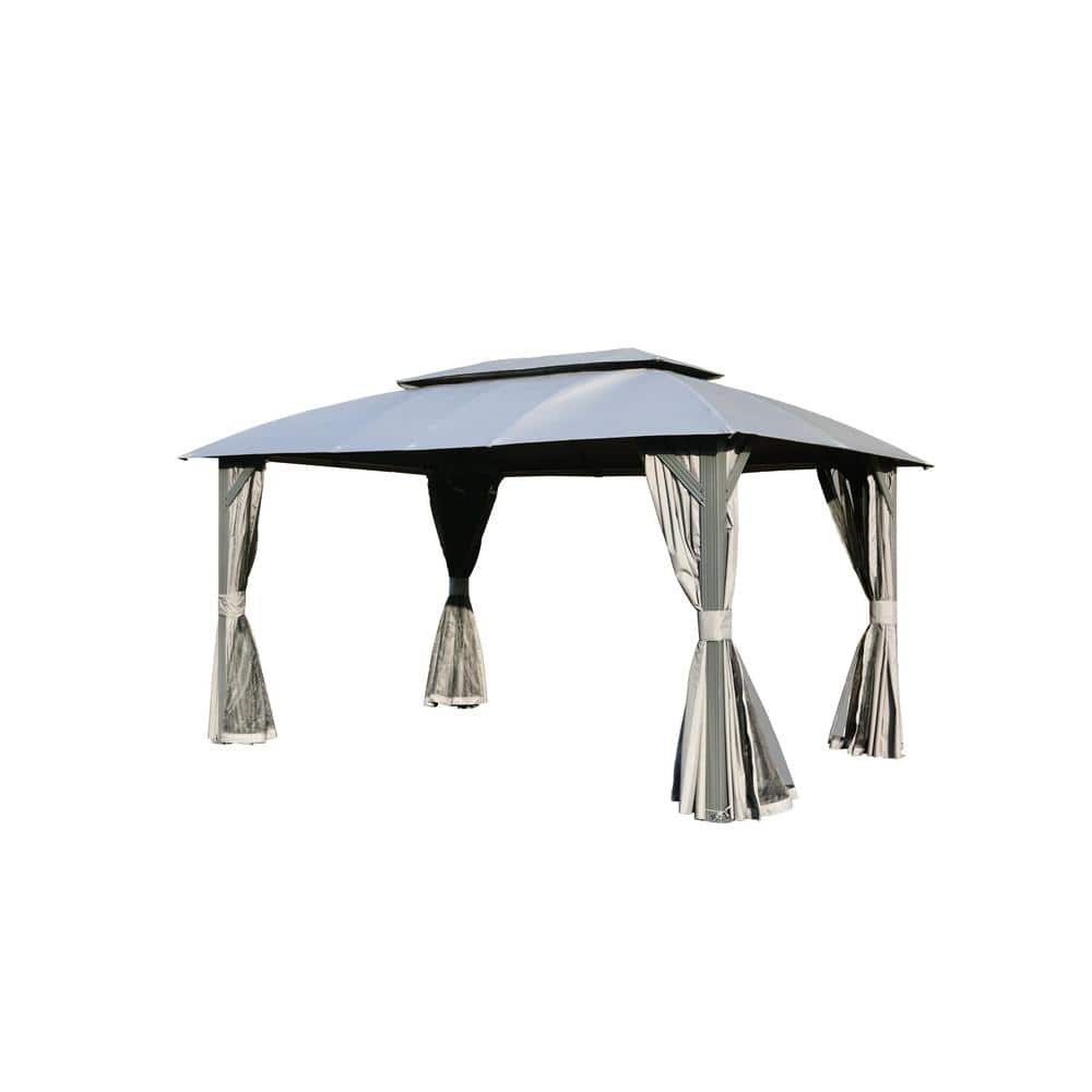 10 ft. x 14 ft. Grey Metal Outdoor Gazebo with Double Roofs, Curtains and M