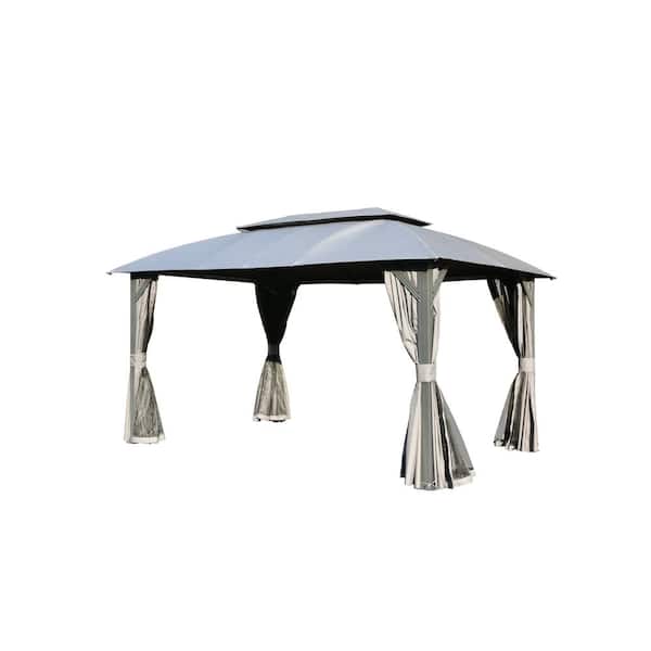 Unbranded 10 ft. x 14 ft. Grey Metal Outdoor Gazebo with Double Roofs, Curtains and Mosquito Net for Patio, Backyard, Deck, Lawn
