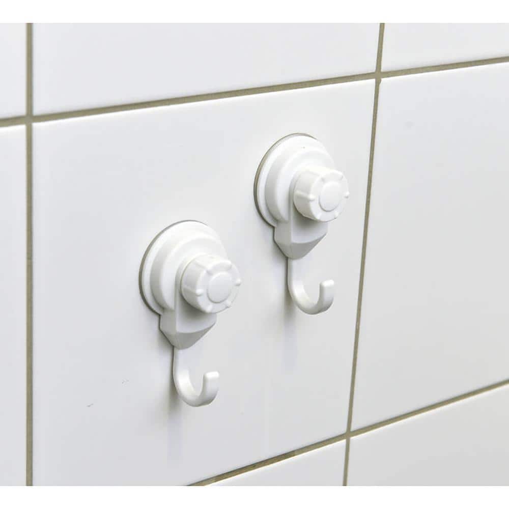 White Plastic and Metal Suction Cup Wall Hooks Set of 2