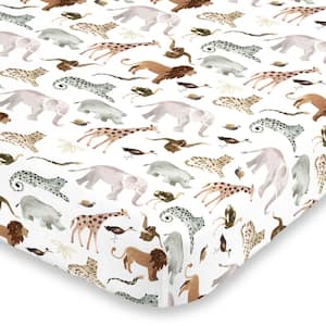 Water Color Jungle Friends Tan Brown and Grey Fitted Super Soft Polyester Crib Sheet