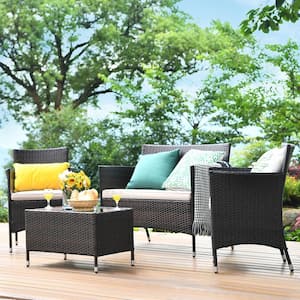 4 Pieces Patio Wicker Rattan Conversation Furniture Set Outdoor w/Brown & Red Cushion