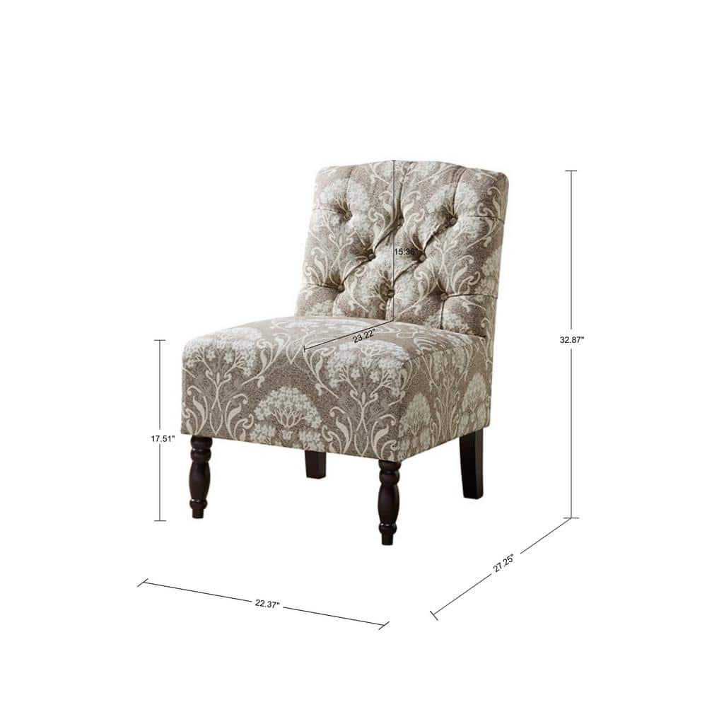 Taupe Floral Handcrafted Wood Armless Accent Chair