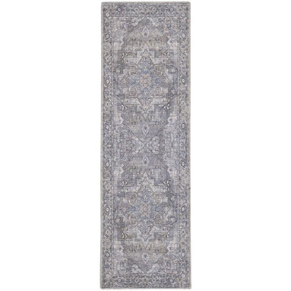 57 Grand Machine Washable Grey 2 ft. x 6 ft. Floral Traditional Kitchen Runner Rug Area Rug