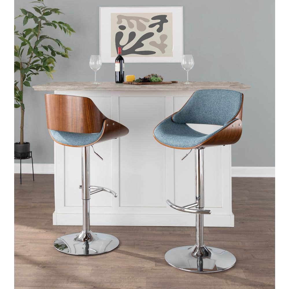 Contemporary Walnut & Blue Swivel Adjustable Barstool