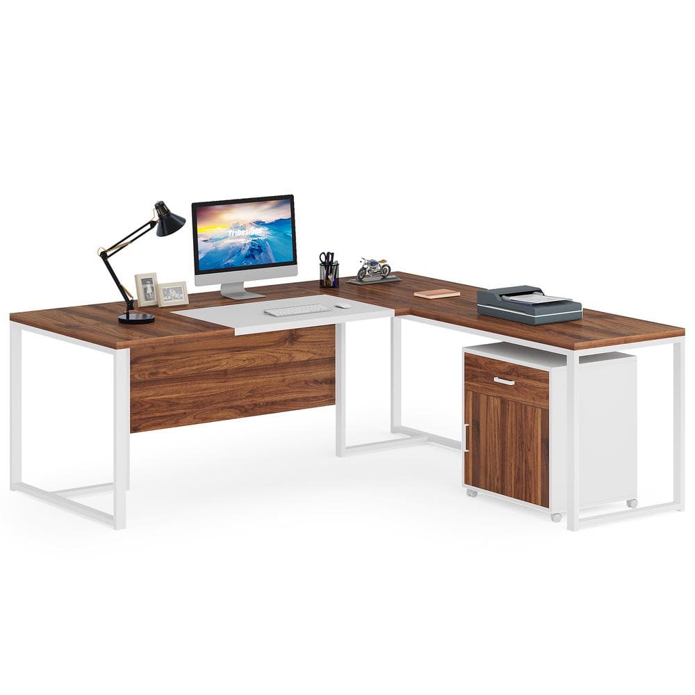 Walnut and White L-Shaped Executive Desk with Filing Cabinet