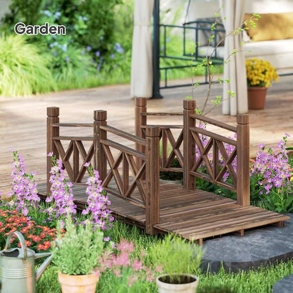 n.♡商品　garden　brown　5段 Outsunny 5 ft. Wooden Garden Bridge with Safety Rails, Backyard