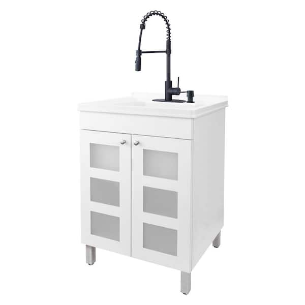 TEHILA 24 in. x 21.75 in. x 33.75 in. Thermoplastic Drop-In Utility Sink w/Black Faucet, Soap Dispenser and White MDF Cabinet