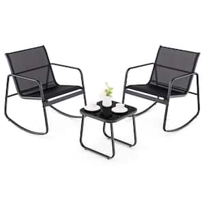 3-Piece Metal Rocking Outdoor Bistro Set Patio Furniture Set with 2 Rocking Chairs and Glass-Top Coffee Table