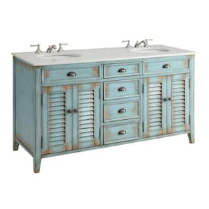 Abbeville 60 in. W x 22 in. D x 34 in. H Double Sink Bathroom Vanity in Distressed Blue with White Marble top