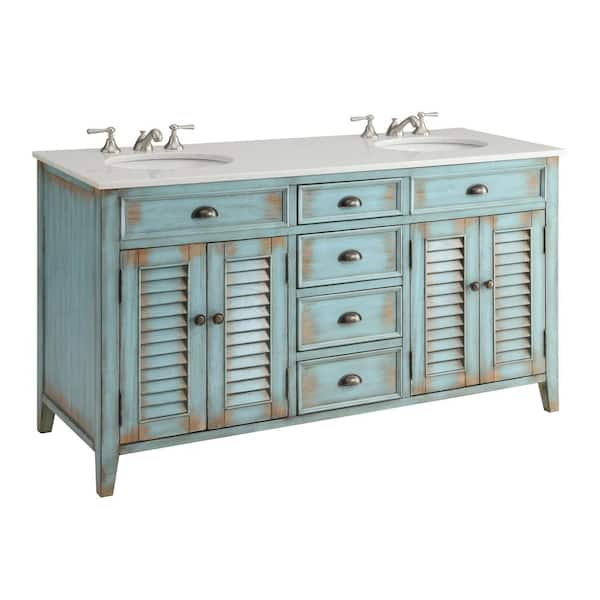 Benton Collection Abbeville 60 in. W x 22 in. D x 34 in. H Double Sink Bathroom Vanity in Distressed Blue with White Marble Top