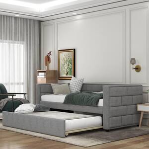 Gray Twin Size Upholstered Daybed with Padded Back and Trundle