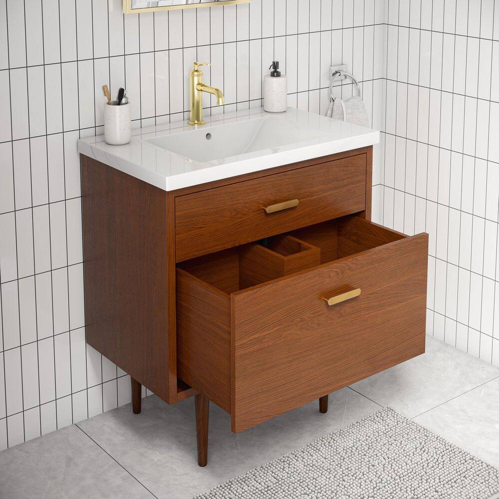 Honey Walnut 30" Freestanding Vanity with Integrated Ceramic Sink