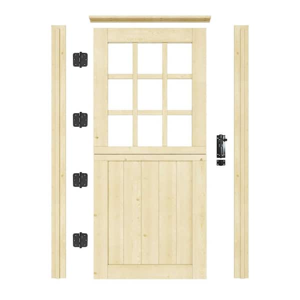 36 in. x 80 in. Solid Pine Universal 9-Lite Clear Glass Unfinished Dutch Wood Prehung Front Door +Quick Assemble Jamb
