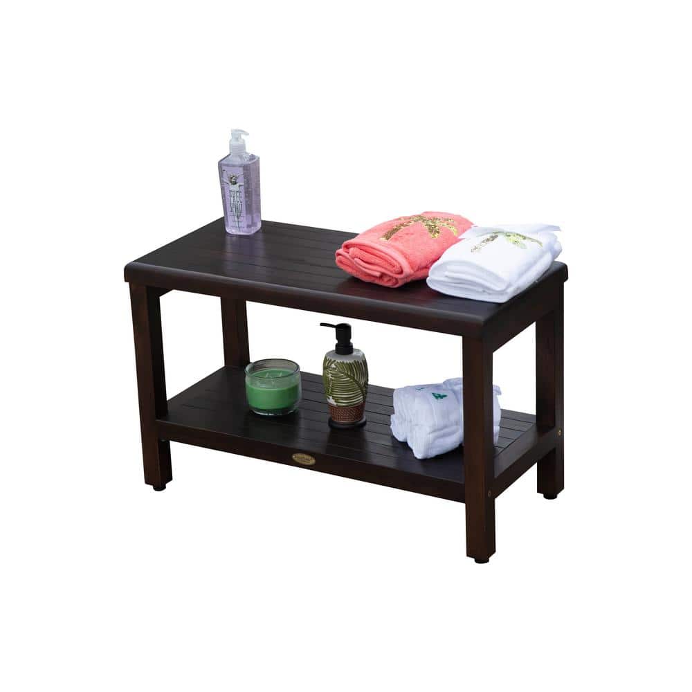 30" Woodland Brown Teak Wood Shower Bench with Shelf