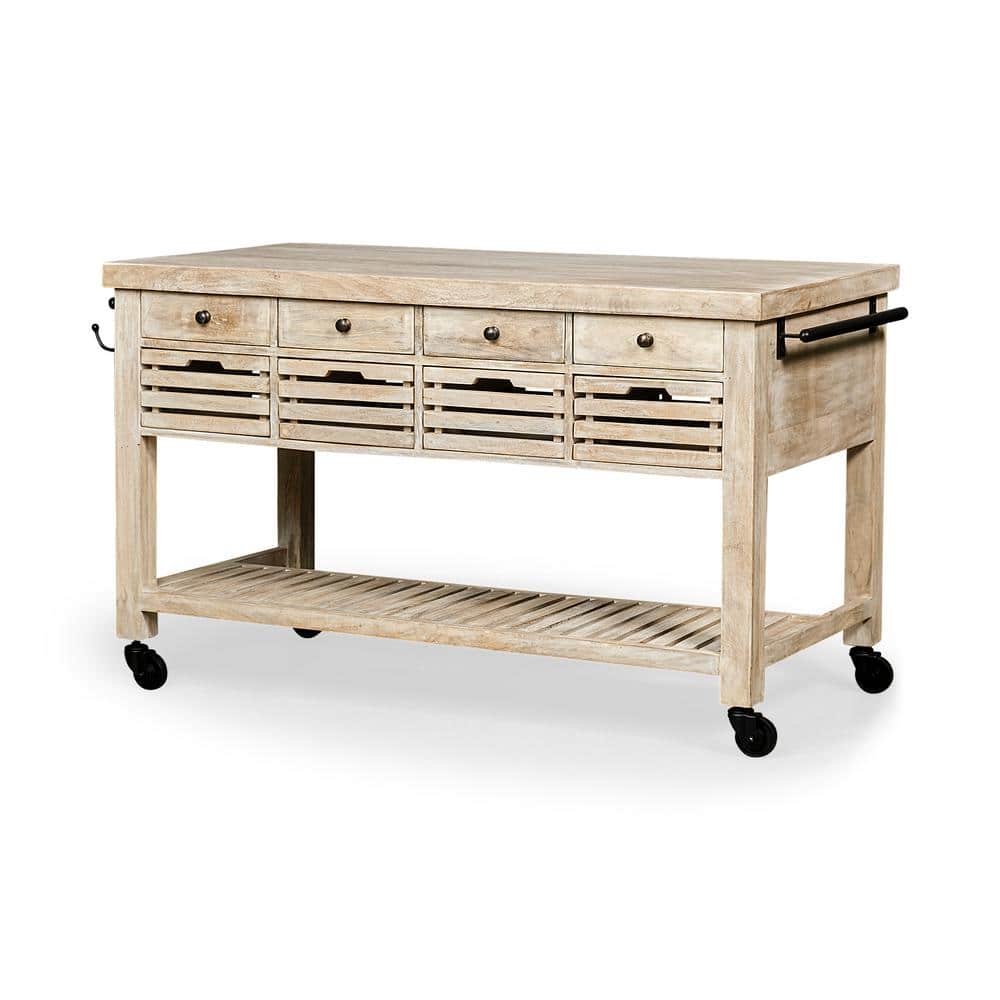 Whitewashed Wooden Columbia Kitchen Island with Wheels price history on PriceWatchPro