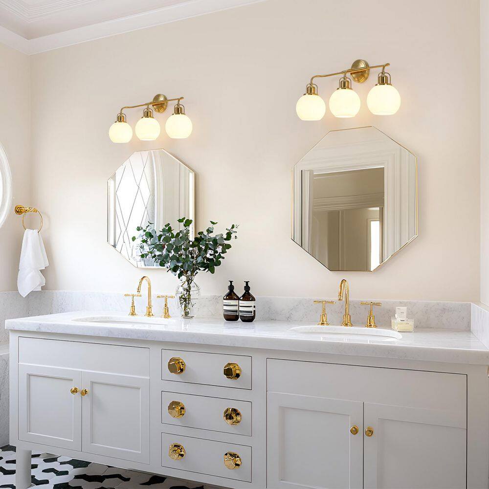 Aparicio 24" Modern Gold 3-Light Vanity with Frosted Glass Shades