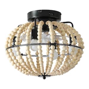 4-Light Oak White Beaded Fan Lamp Wood Beaded Chandelier 8 Blades Ceiling Lights with Remote Control, No Bulb Include