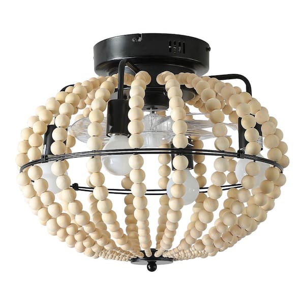 Unbranded 4-Light Oak White Beaded Fan Lamp Wood Beaded Chandelier 8 Blades Ceiling Lights with Remote Control, No Bulb Include