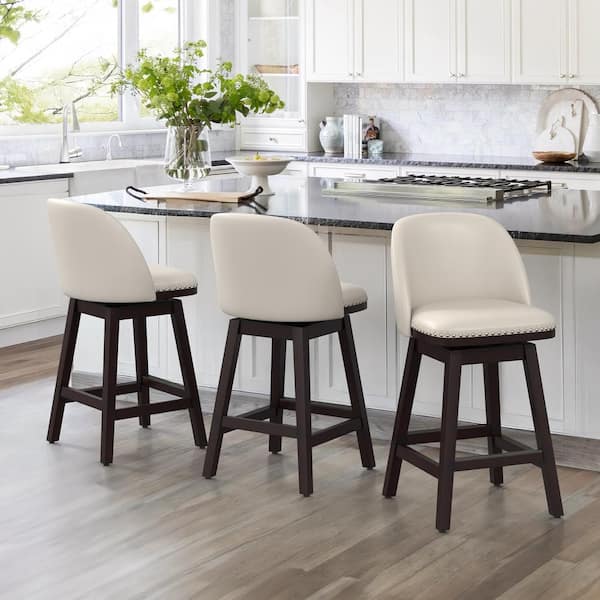 OrangeOne 26 in. White Wood Frame Swivel Cushioned Bar Stool with Faux Leather, Swivel Counter Stool (Set of 3)