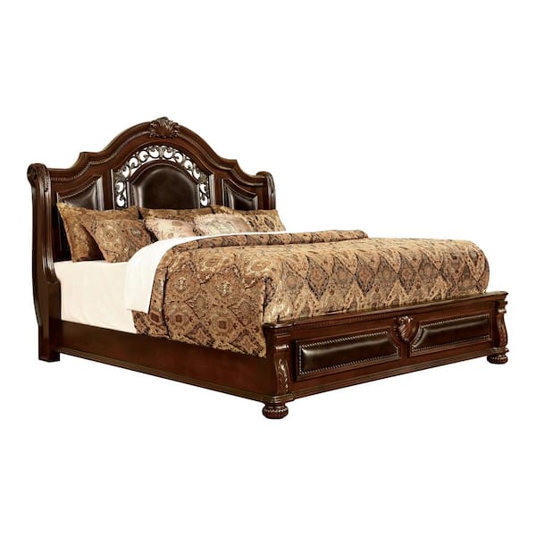 Dafne Traditional Brown Wood Frame King Padded Panel Bed