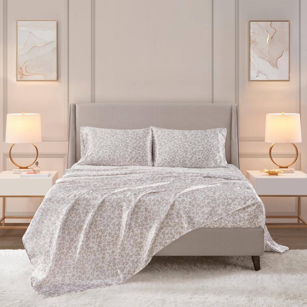 Queen Taupe Leopard Print Satin Sheet Set