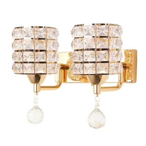 2-Light 9 in. Gold Wall Sconce-Light with Crystal Glass Shade