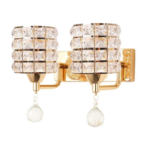 LamQee 2-Light 9 in. Gold Wall Sconce-Light with Crystal Glass Shade
